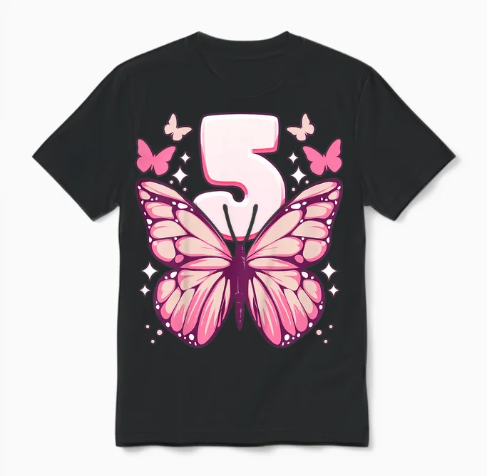 Geburtstag Mädchen 5 Jahre, Schmetterlinge Und Nummer 5 Unisex T-Shirt in Black