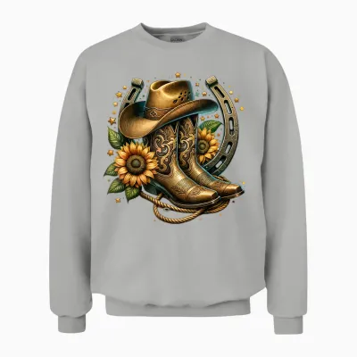 Western Cowboy Boots Horseshoe Sunflower Rope Cowgirl Boat T-Shirt, Black Unisex Sweatshirt - Ash