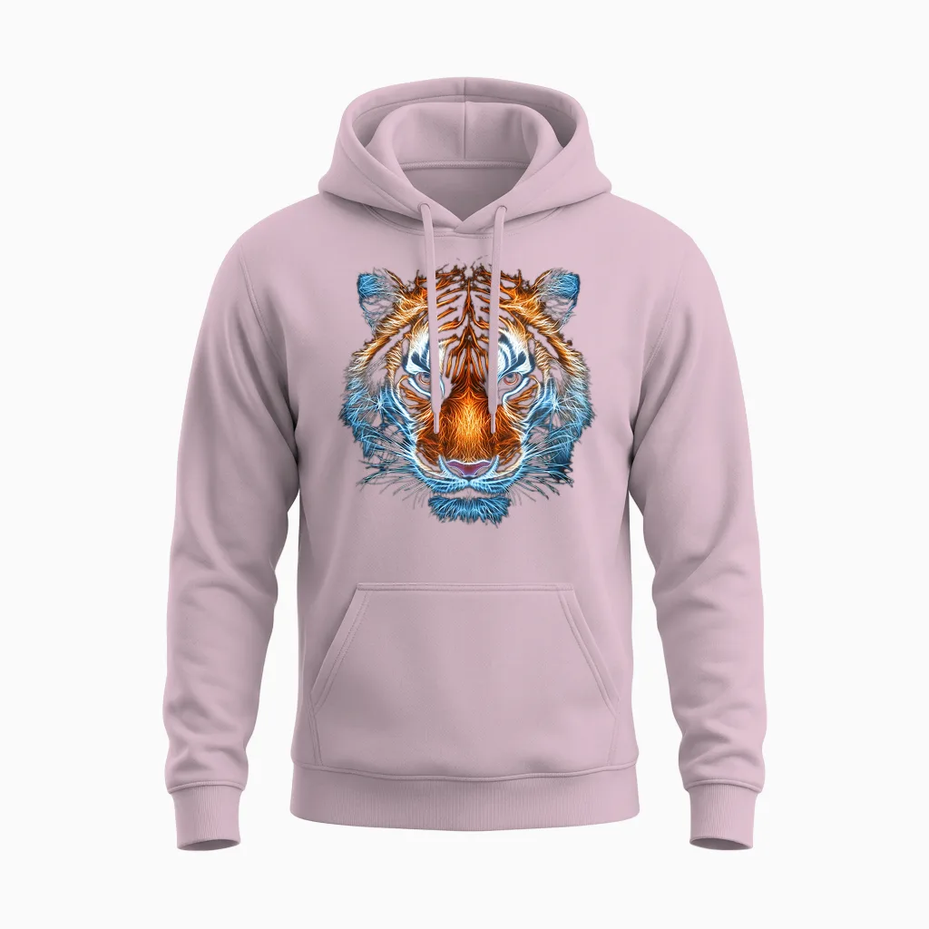 Tiger Animal Graphic Artwork Tiger T-Shirt, Black Unisex Hoodie in Light Pink