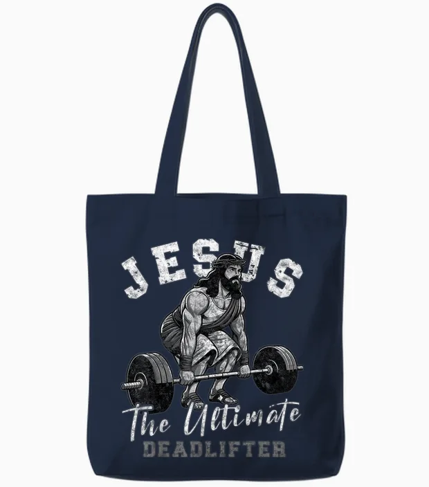 Jesus the Ultimate Deadlifter Funny Christian Workout Gym T-Shirt, Small, Black Tote Bags in Navy