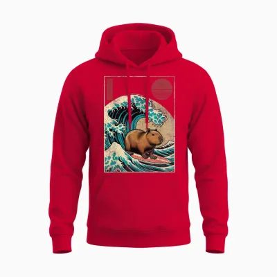 Capybara Japanese Kanagawa Wave Funny Surf Animal Capybara T-Shirt, Black Unisex Hoodie - Red