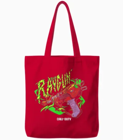 Call of Duty Raygun Zombie Green Neon Big Chest Retro Logo T-Shirt, Black, S Tote Bags - Red