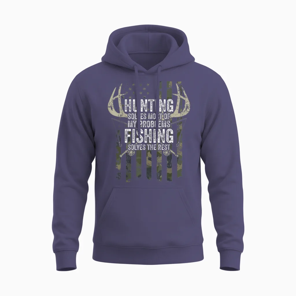 Hunting Solves Most of My Problems Fishing the Rest - Funny Unisex Hoodie in Heather Sport Dark Navy