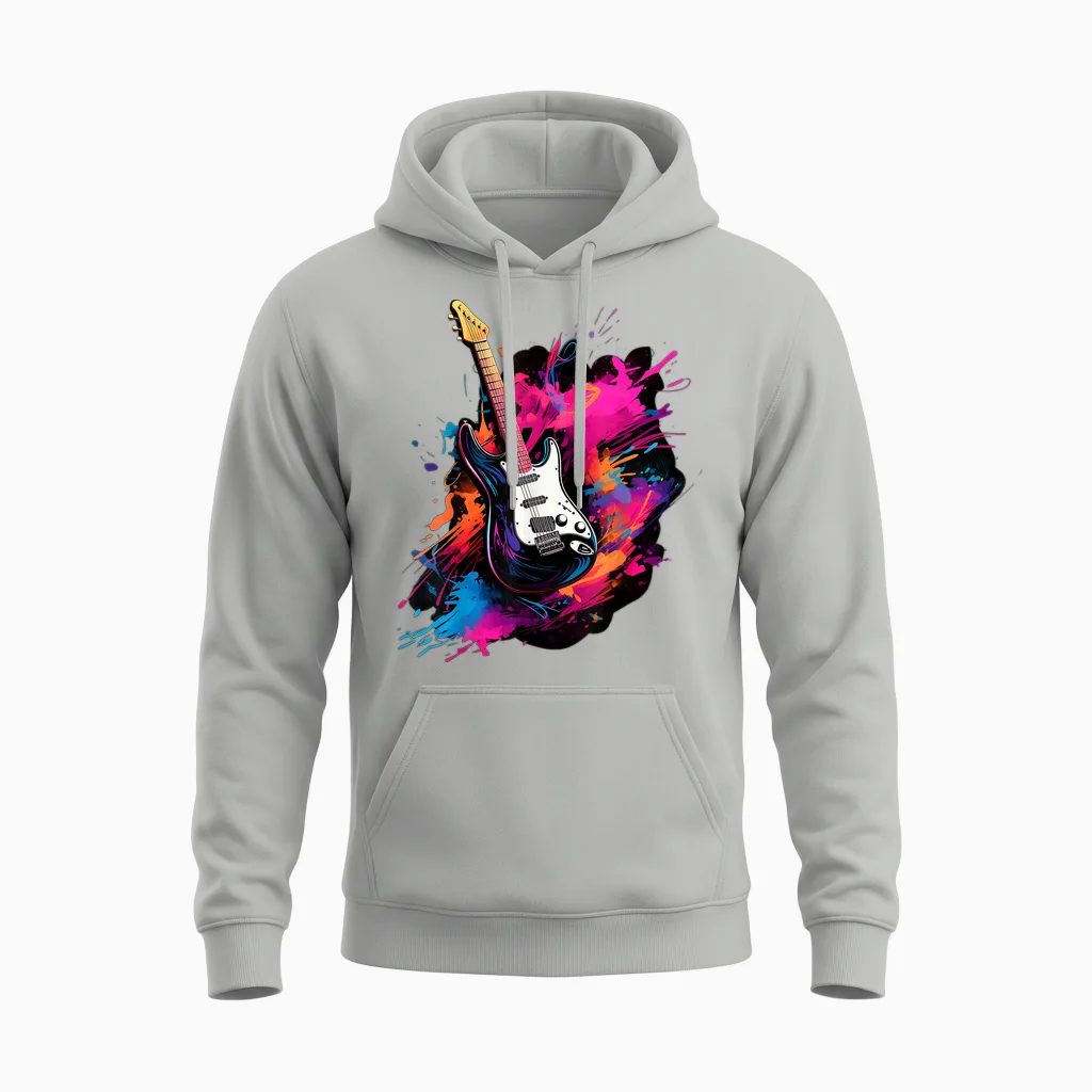Electric Guitar T-Shirt for Men, Women and Children, Black Unisex Hoodie in Ash