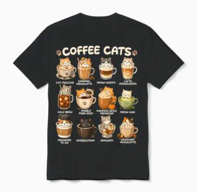 Kawaii Coffee Cats Cappuccino, Niedliches Katzen-Café-Design, Anime-Design Unisex T-Shirt - Black