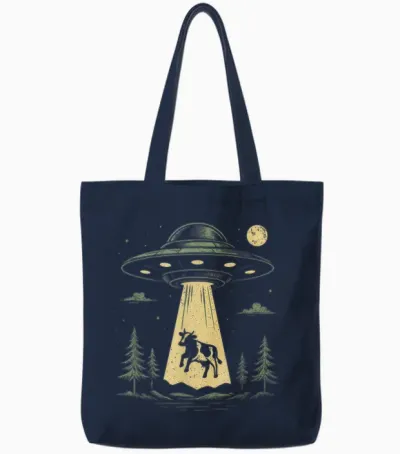 Ufo Cow Kidnapping Design Funny Alien Spaceship Tote Bags - Navy