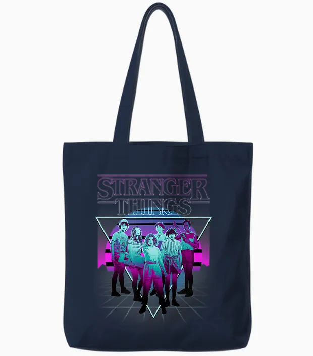 Stranger Things Group Shot Neon Triangle Tote Bags in Navy