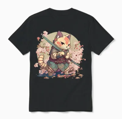 Samurai Cat Warrior Japanische Ninja Katze Kawaii Unisex T-Shirt - Black
