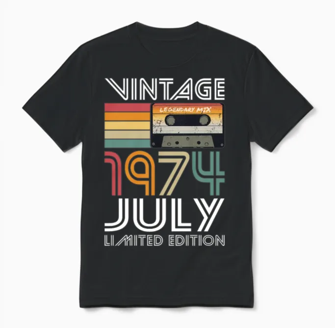 50th Birthday Vintage July 1974 Limited Edition Unisex T-Shirt in Black