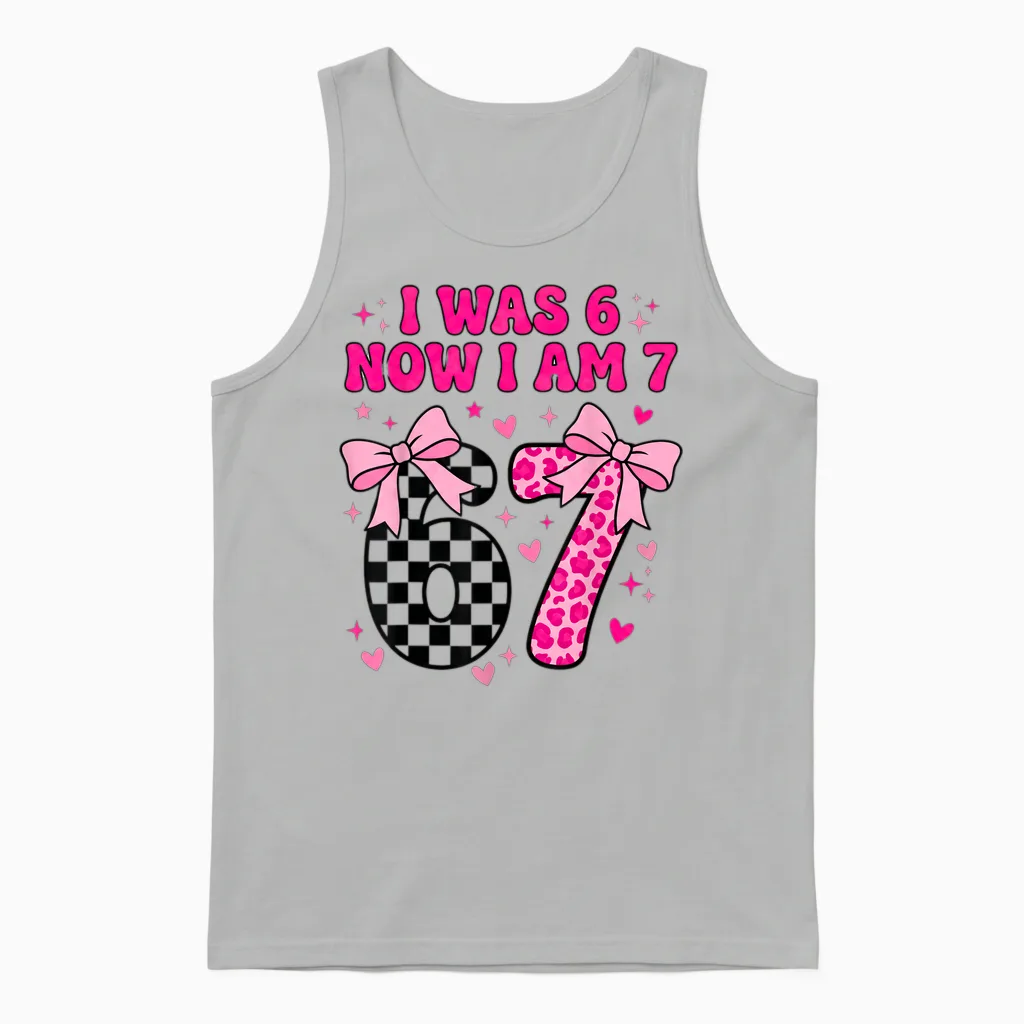 7th Birthday Girl I Was Six Now I'm Seven Years Old Bday Unisex Tank Top in Ash