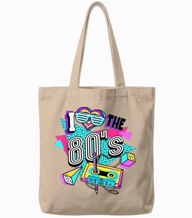 80s I Love the 80s T-Shirt, Black Tote Bags in Natural