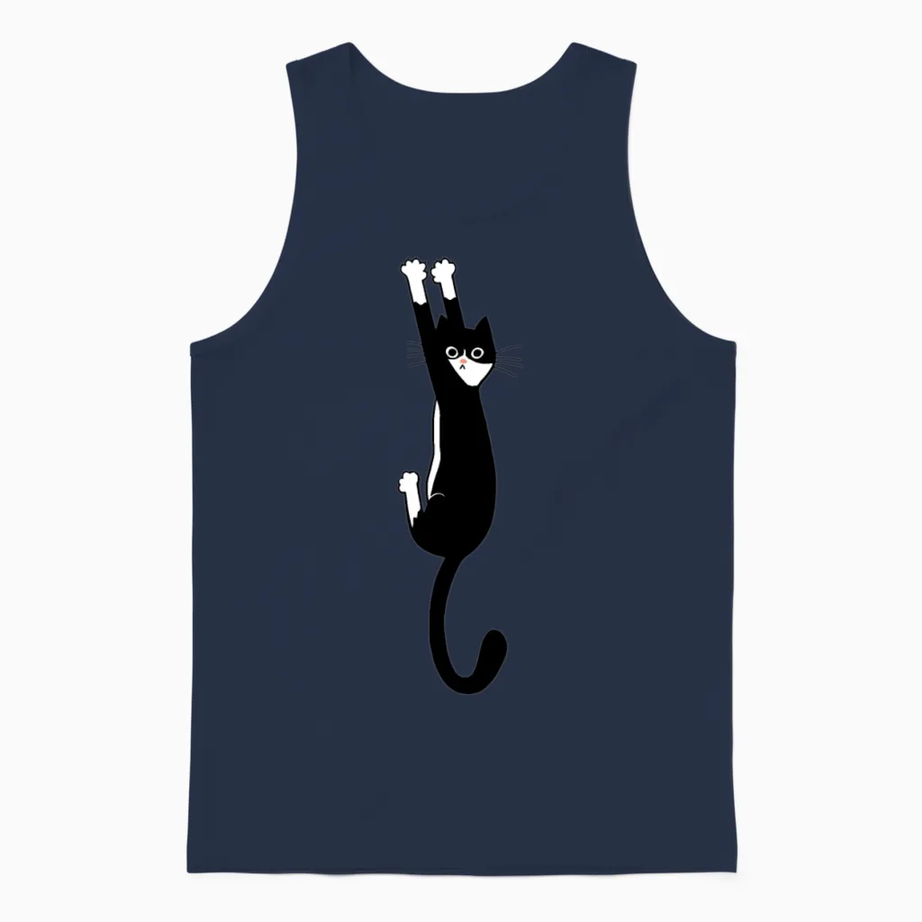 Black and White Cat Hanging On Unisex Tank Top in Navy