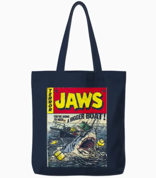 Jaws Pulp Attack Comic Cover Short Sleeve Tote Bags in Navy