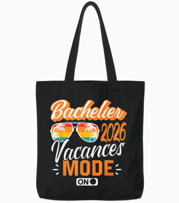 Baccalauréat 2026 Cadeau Réussite Bac Vacances Sunset Soleil Tote Bags in Black