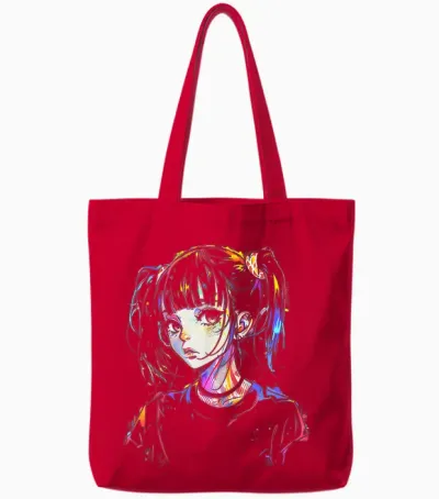 Anime Manga Graphic Illustration Colorful Anime T-Shirt, Black, S Tote Bags - Red