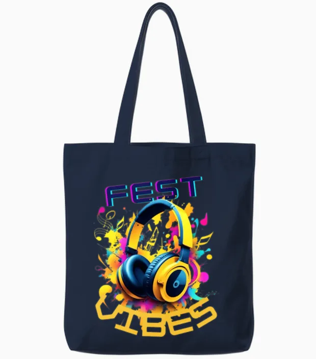 Festival Vibes! Yellow Headphones - Music Lover Tote Bags in Navy