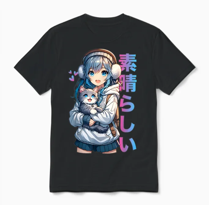 Cute Anime Girl with Cat for Cat Lover Kawaii Otaku Manga Unisex T-Shirt in Black