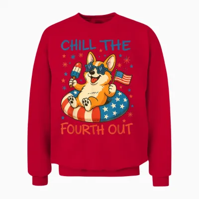 Chill the Fourth Out Cute Corgi Patriotic 4th of July Unisex Sweatshirt - Red
