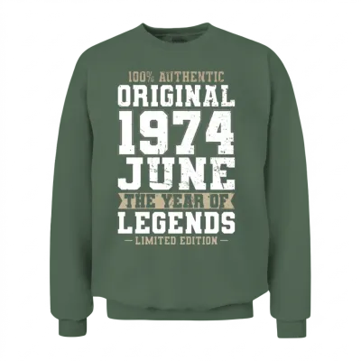 50th Birthday Vintage June 1974 Original 1974 Unisex Sweatshirt - Military Green