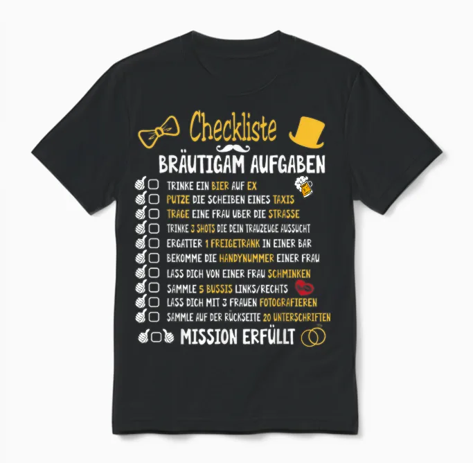Junggesellenabschied Mann Kostüm & Polter Shirts Groom Tasks Rumbling Jga Checklist T-Shirt Black Small Crew Neck Short Sleeve Classic Fit T-Shirt for Men Unisex T-Shirt in Black