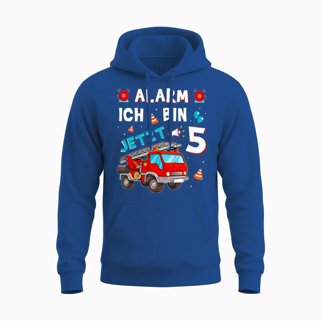 Children's 5th Birthday Boy Girl Fire Brigade Gifts Fire Engine T-Shirt, Black Unisex Hoodie in Royal