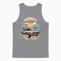 Ford – Vintage Pink Mustang Floral Beach Sunset Palm Trees T-Shirt, White, S Unisex Tank Top in Sport Grey - 1