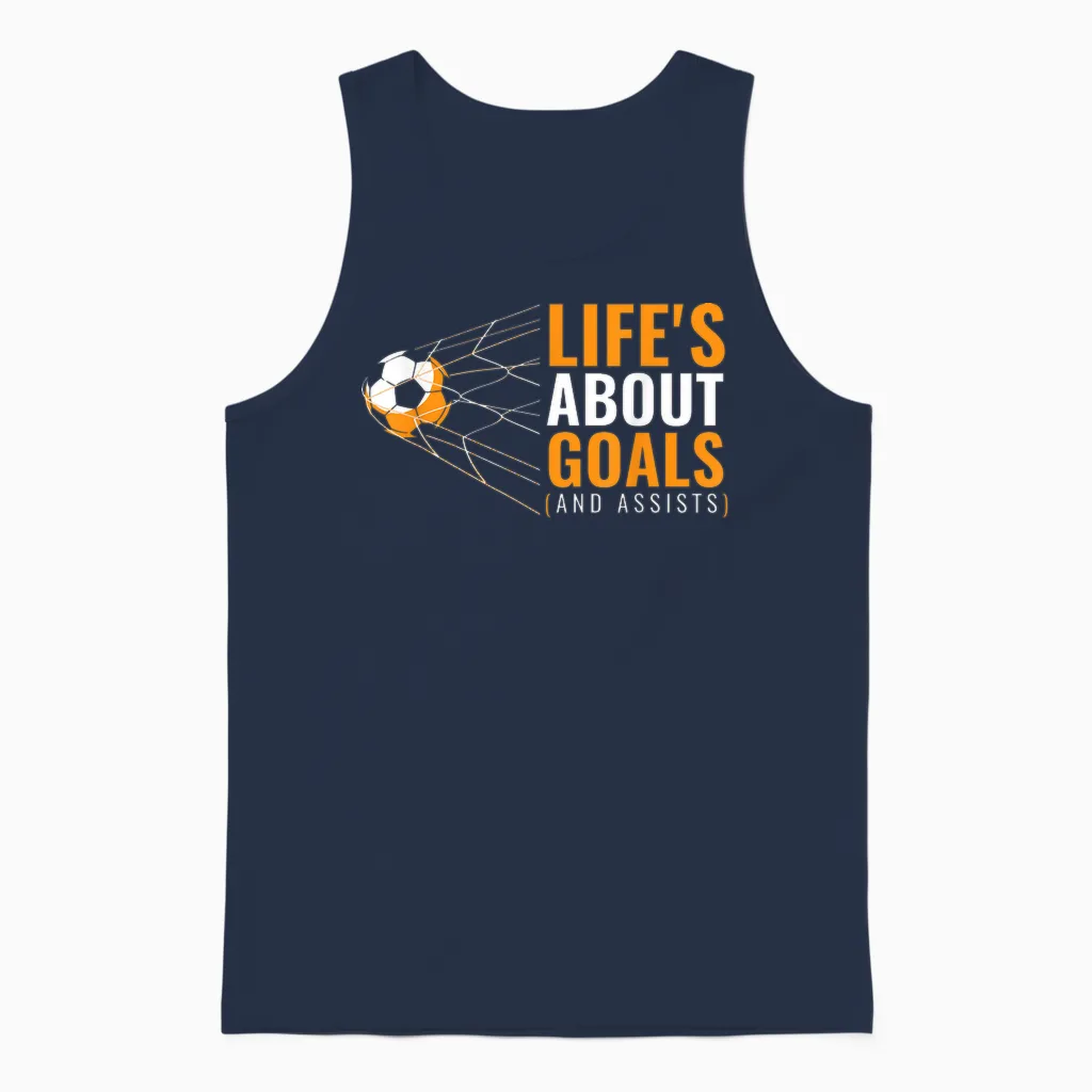 Life’s About Goals and Assists Funny Quote Youth Soccer Unisex Tank Top in Navy