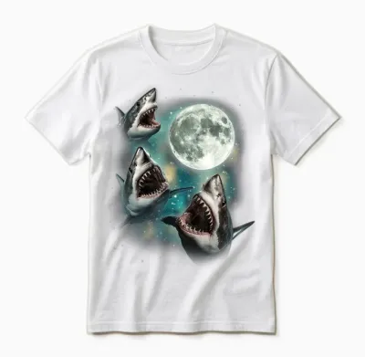 Three Shark Moon | 3 Great Whites Howling Wolfs Moon Parody Unisex T-Shirt - White