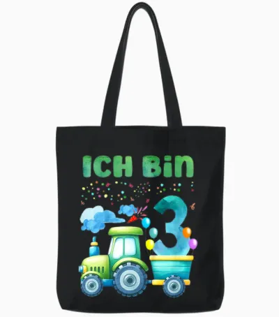 Children's T-Shirt with German Text "ich Bin 3 Jahre Alt Tractor" [german Language], Black Tote Bags - Black