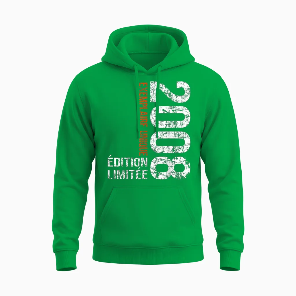 Vintage 2008 Gift 18 Years Boy Birthday Humour Unisex Hoodie in Irish Green