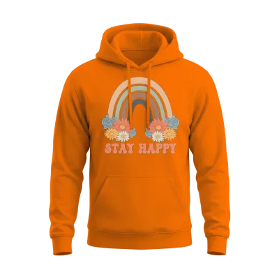 Stay Happy, Groovy, Retro, Unisex Hoodie - Safety Orange