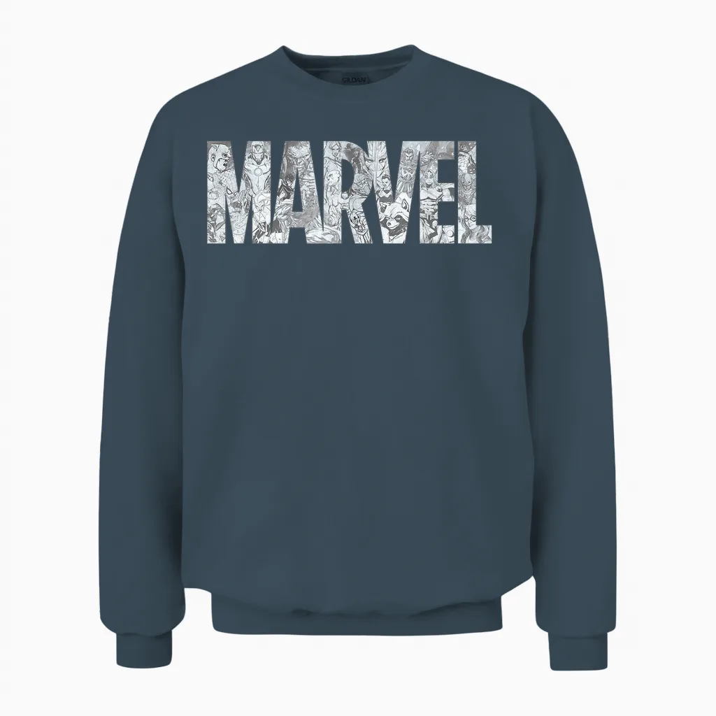Marvel Logo Comics Gray Pencil Sketch Super Heroes Avengers T-Shirt, Black Unisex Sweatshirt in Dark Heather