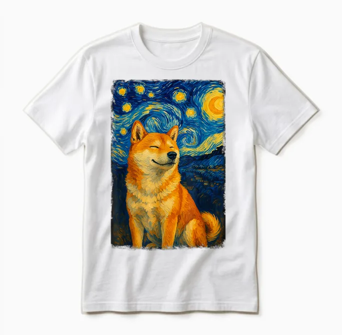 Shiba Inu Under Starry Sky Art Dog Aesthetic Unisex T-Shirt in White