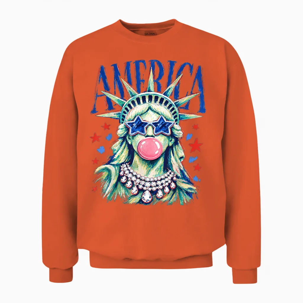 Brushstroke Statue of Liberty Blowing Bubble Gum 4th of July Unisex Sweatshirt in Orange