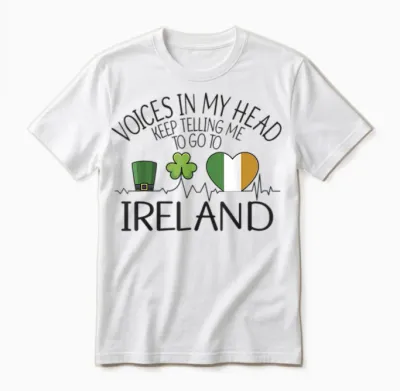 T-Shirt with German Text "stimme in Mein Kopf Sagen Mir Ich Muss Nach Ireland" (, Gray Unisex T-Shirt - White