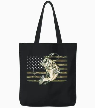 Fishing Camouflage Us American Flag Bass Fish Fisherman Camo Tote Bags - Black