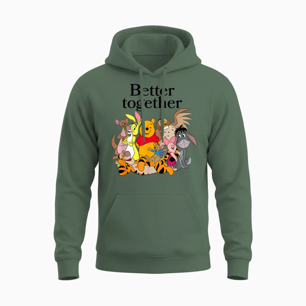 Disney Winnie the Pooh Better Together Friends Group Shot Unisex Hoodie in Military Green
