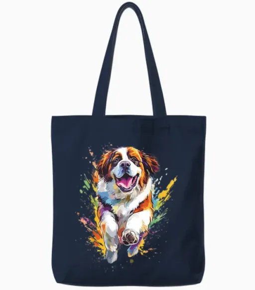 Splash Art Colorful for Lovers of St Bernard T-Shirt, Black, S Tote Bags in Navy