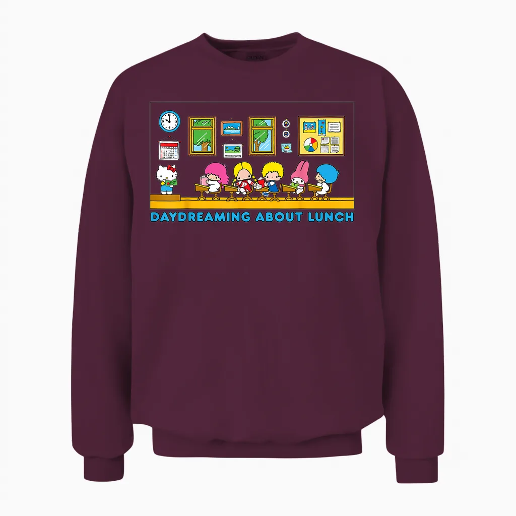 Sanrio Hello Kitty and Friends Daydreaming About Lunch Class Unisex Sweatshirt in Maroon