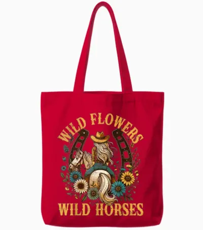 Retro Southern Sunset Cowgirl Wild Flowers - Wild Horses Tote Bags - Red