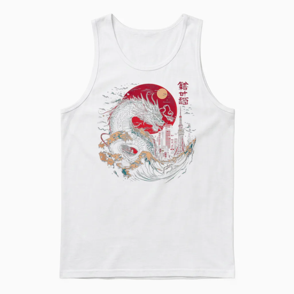 Japanese Dragon Tokyo Great Wave off Kanagawa (artistic Back) T-Shirt, Black, S Unisex Tank Top in White
