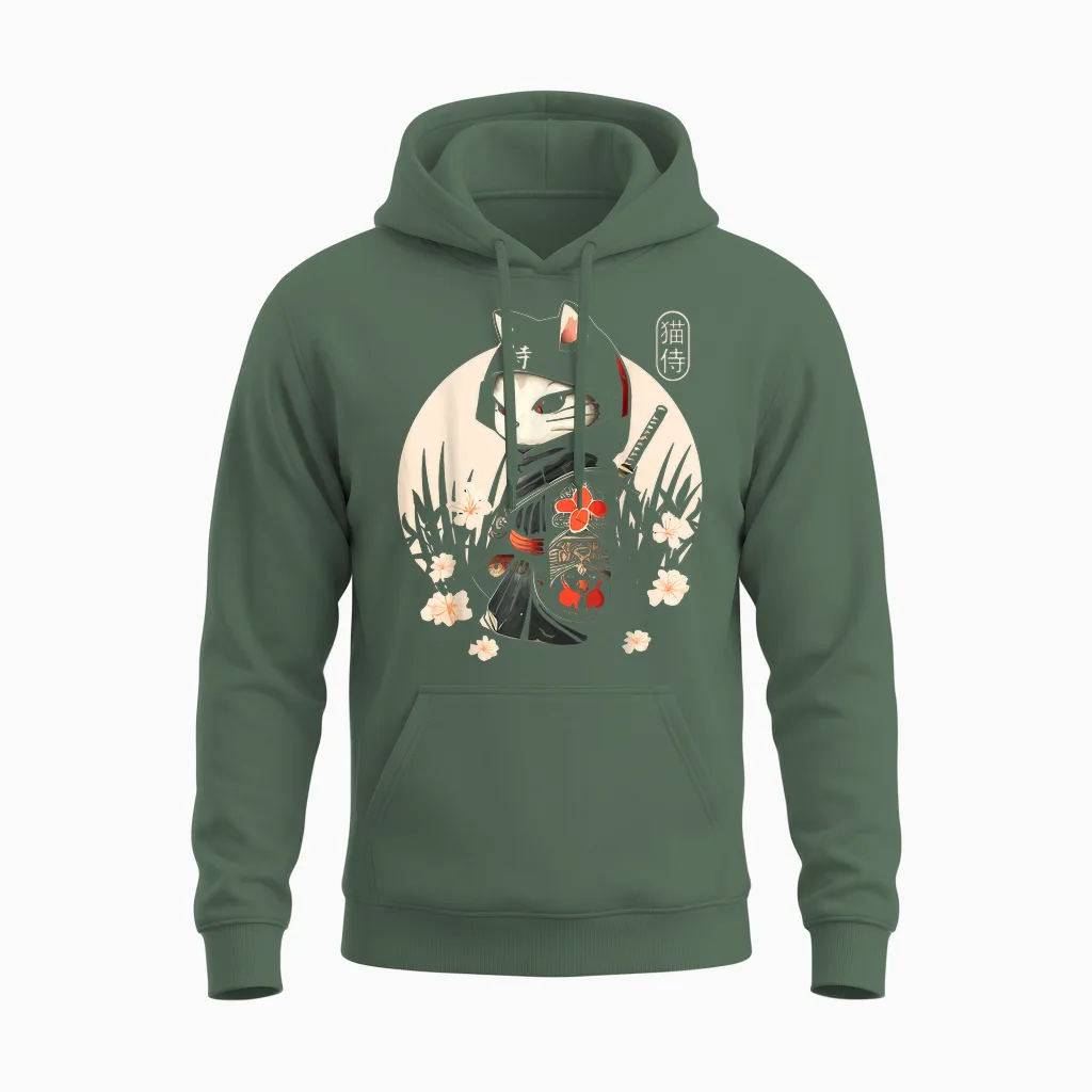 Japanese Samurai Cat for Cat Lovers Unisex Hoodie in Military Green