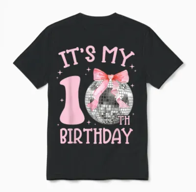 10th Birthday Coquette Bow Disco Ball 10 Year Old Birthday Unisex T-Shirt - Black