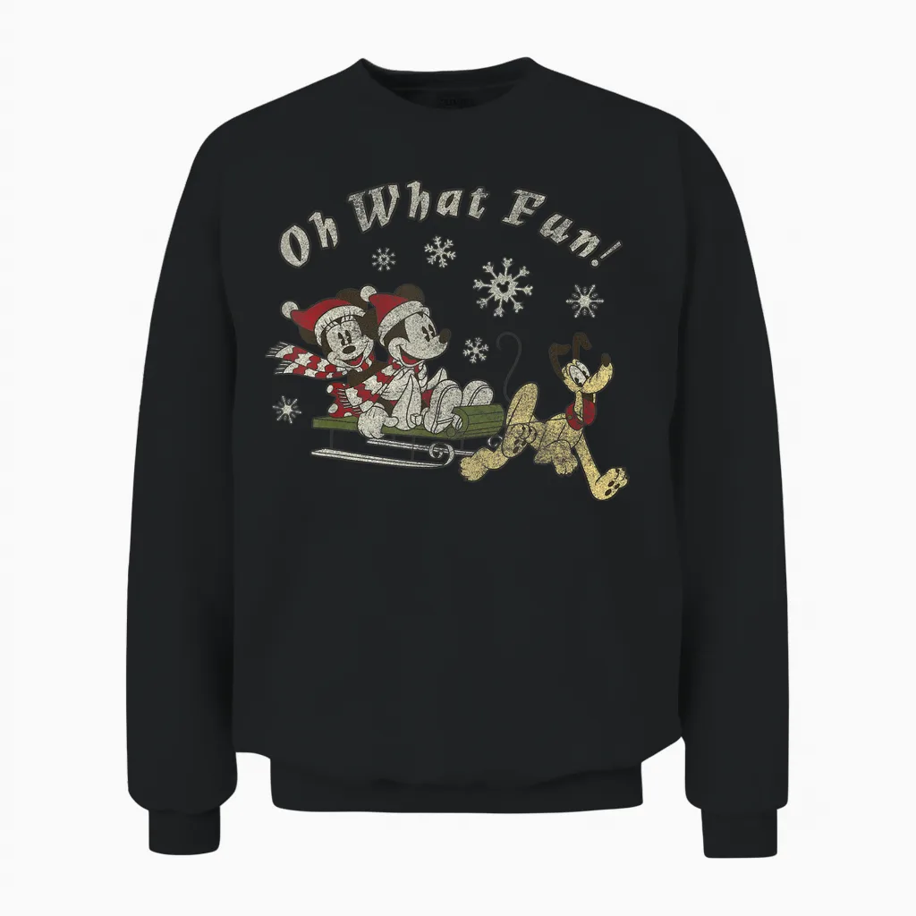 Disney Mickey Minnie and Pluto Oh What Fun Christmas Sled Unisex Sweatshirt - Black