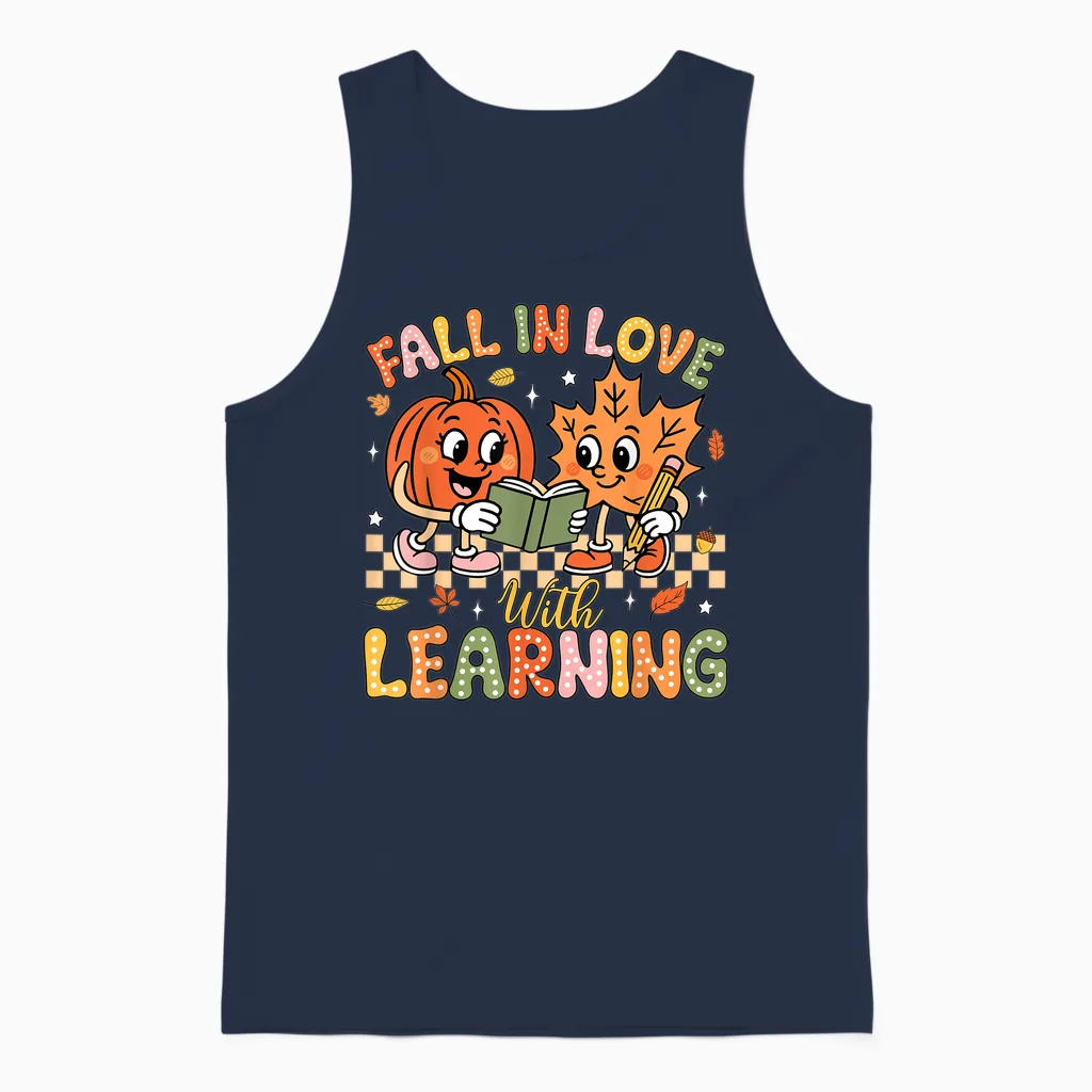 Retro Fall in Love with Learning Autumn Pumpkin Teacher Unisex Tank Top in Navy
