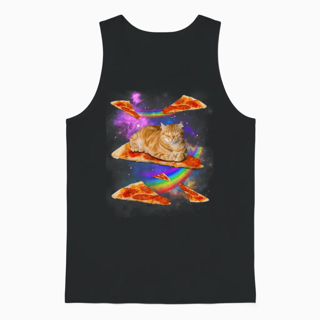 Funny Galaxy Cat in Space, Cat Riding Pizza Unisex Tank Top in Black