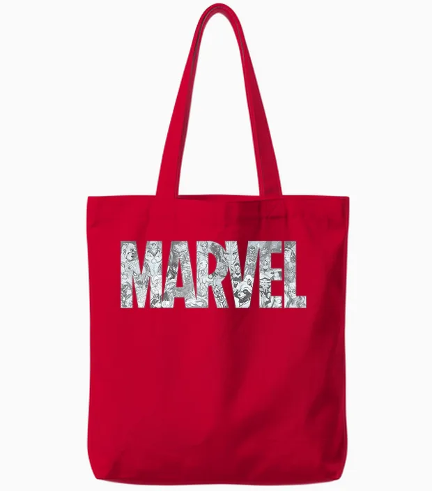 Marvel Logo Comics Gray Pencil Sketch Super Heroes Avengers T-Shirt, Black Tote Bags in Red