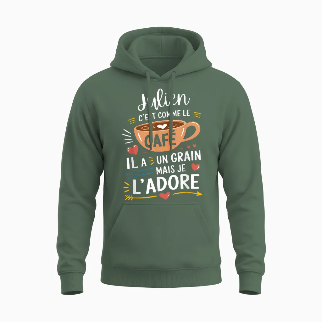 Julien Comme Le Café Humour Gift T-Shirt, Black, S Unisex Hoodie in Military Green