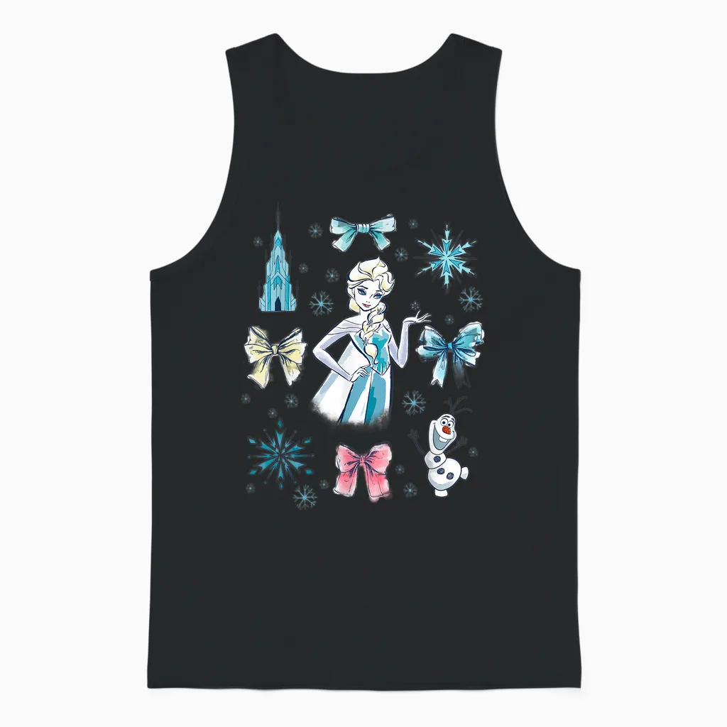 Disney Frozen Elsa Bow Watercolor Collage Unisex Tank Top in Black