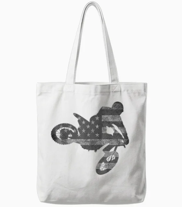Dirt Bike American Flag T-Shirt | Motocross Enduro Tote Bags in White
